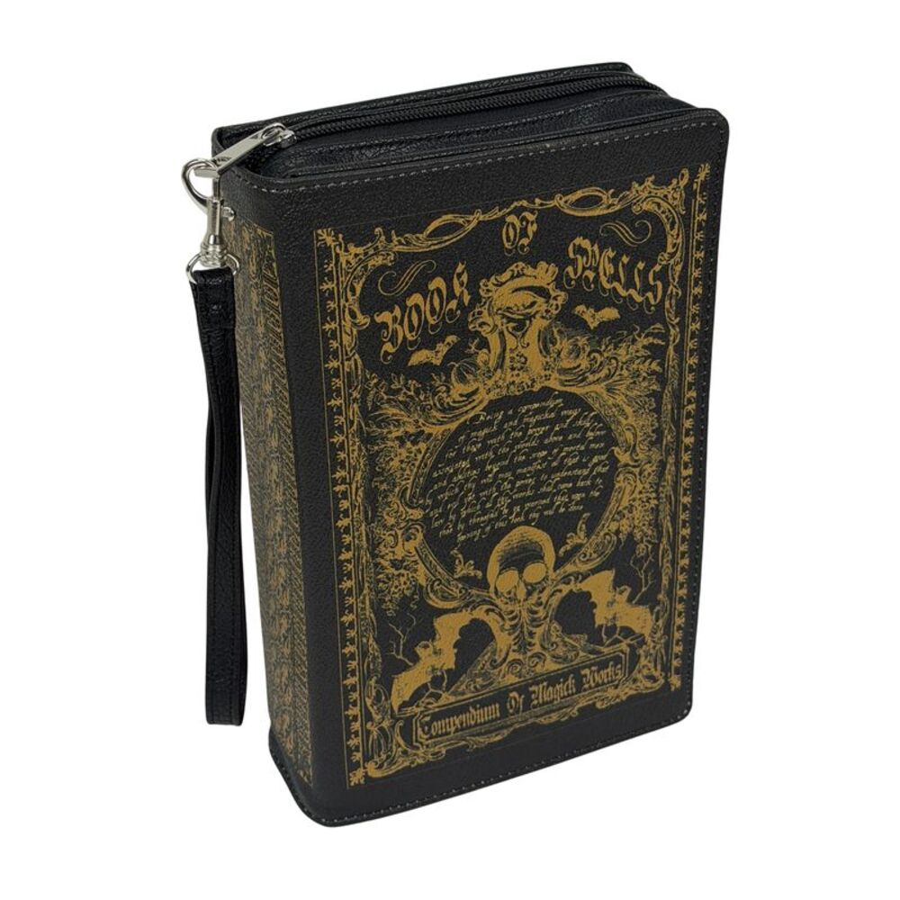 Gothic Spellbook Crossbody Bag Black Vinyl Book Purse 9.25 Inch with Straps